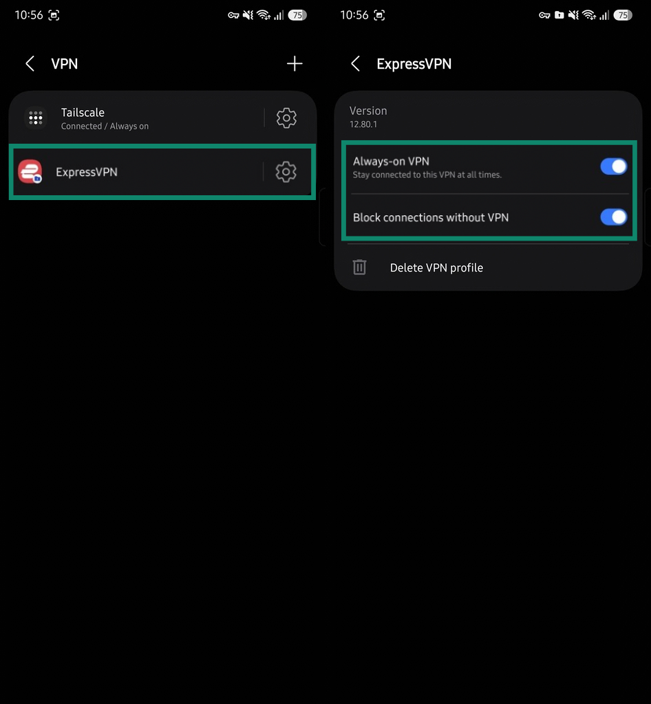 Turning on the Advanced Internet Kill Switch on the ExpressVPN Android app.