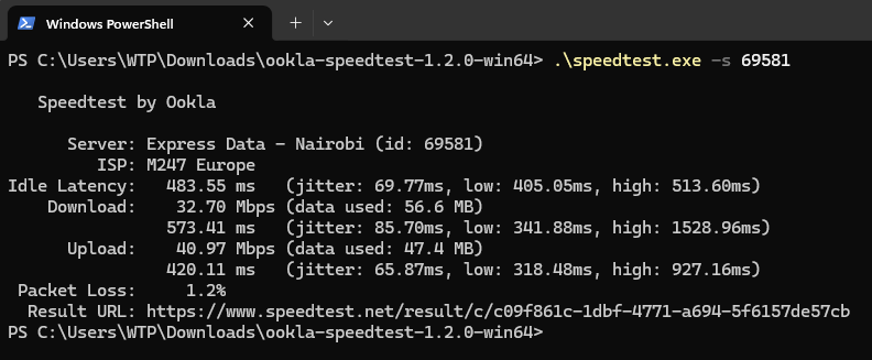 Running Speedtest CLI using PowerShell with VPN on.