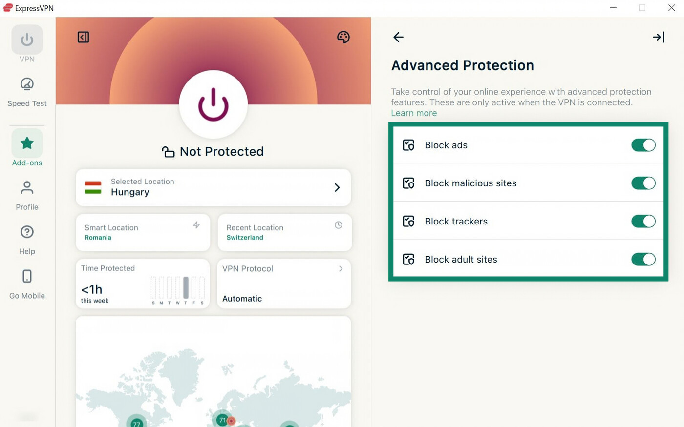 ExpressVPN Windows app interface, showing highlighted Advanced Protection features.