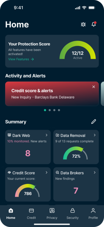 Home screen of the ExpressVPN Identity Defender app.