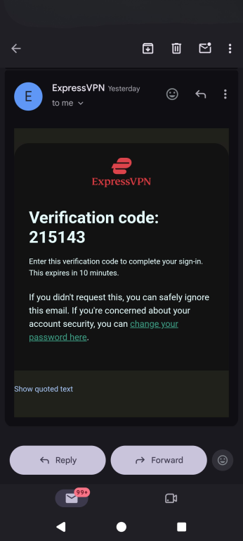 The ExpressVPN email verification code.