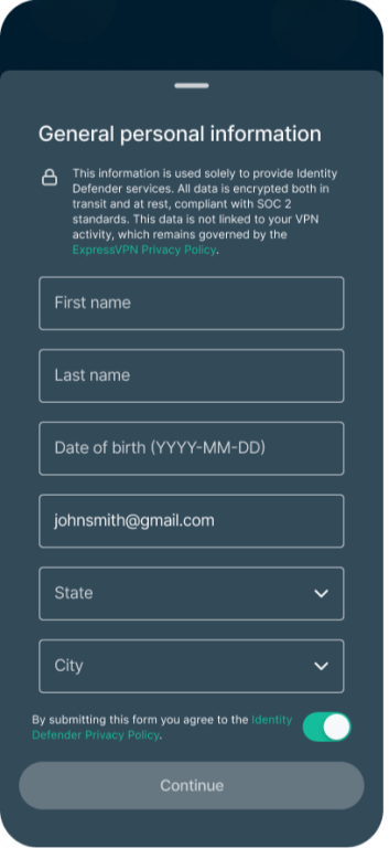 The Identity Defender setup screen, showing fields to fill out.